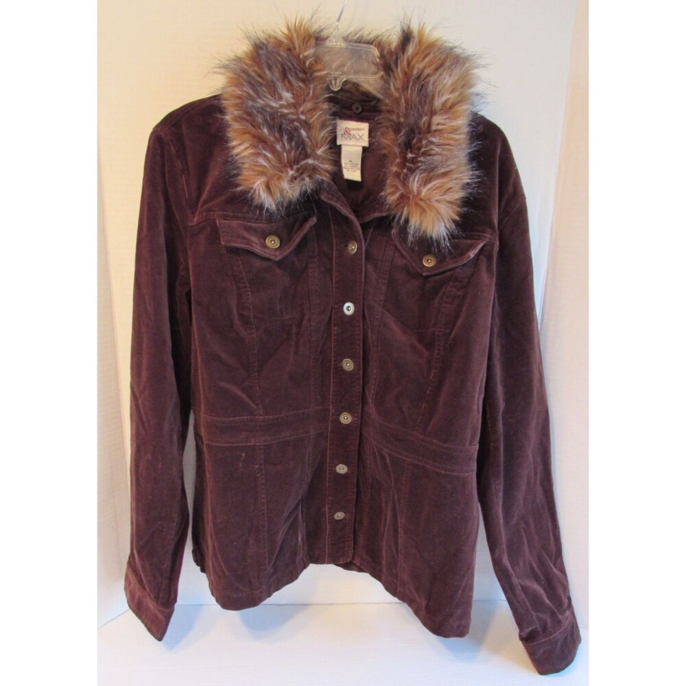 Madison & Max Dark Brown Button Up Corduroy Coat with Faux Fur Collar Size XL